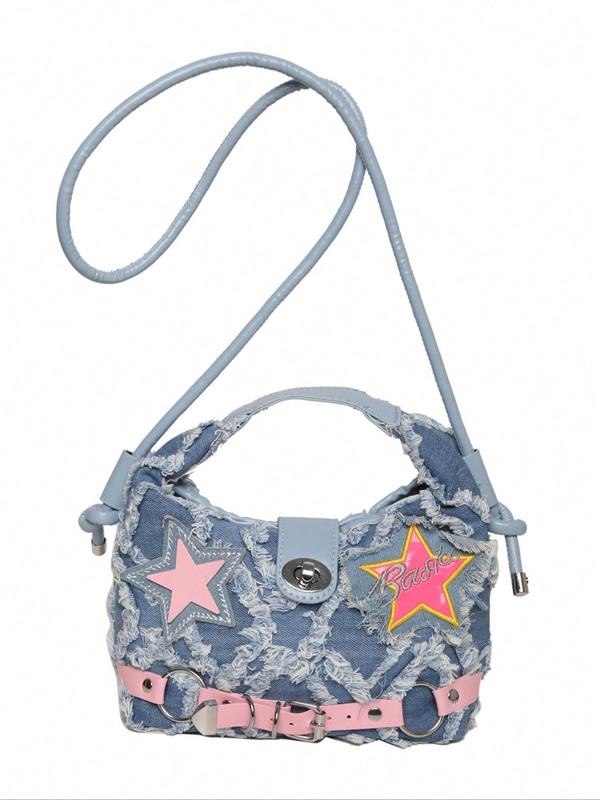 Fashionable Star & Letter Pattern Belted Design Handbag, Punk Style Denim Handbag for Women, Trendy Versatile High-quality Daily Commuting Bag, Shopping Bag