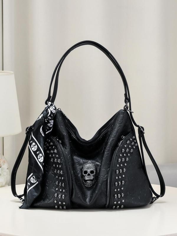 Women's Fashion Rivet Decorated Skull Head Design Shoulder Bag, Casual PU Leather Zipper Crossbody Bag, Trendy All-match Commuter Bag for Daily Used