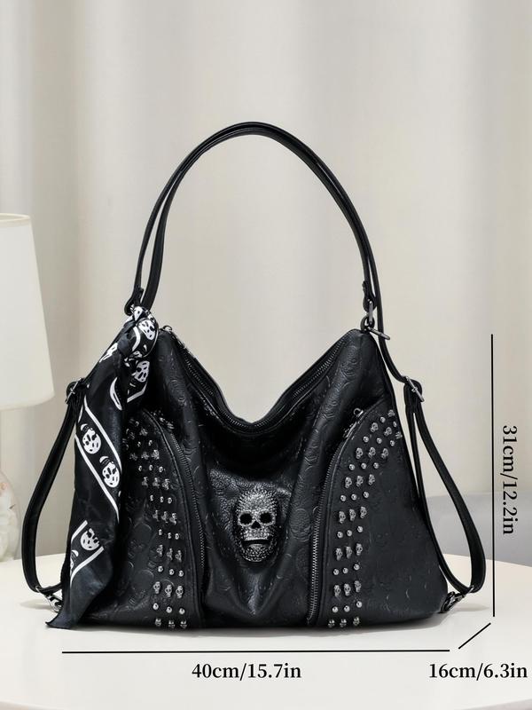 Women's Fashion Rivet Decorated Skull Head Design Shoulder Bag, Casual PU Leather Zipper Crossbody Bag, Trendy All-match Commuter Bag for Daily Used