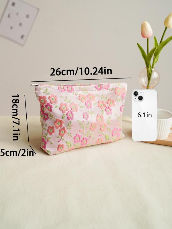 Floral Embroidering Makeup Bag, Large Capacity Cosmetic Storage Bag, Portable Travel Toiletry Bag, Zipper Makeup Organizer Pouch