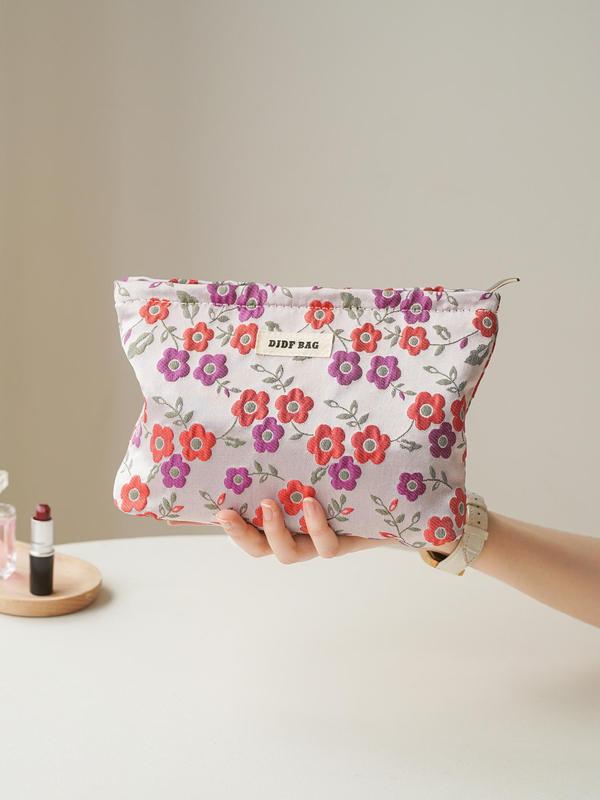 Floral Embroidering Makeup Bag, Large Capacity Cosmetic Storage Bag, Portable Travel Toiletry Bag, Zipper Makeup Organizer Pouch