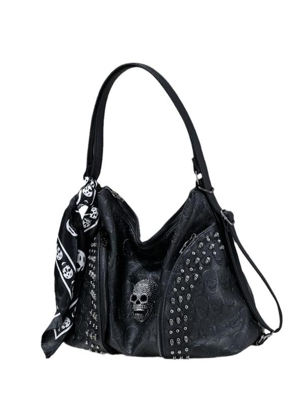 Women's Fashion Rivet Decorated Skull Head Design Shoulder Bag, Casual PU Leather Zipper Crossbody Bag, Trendy All-match Commuter Bag for Daily Used