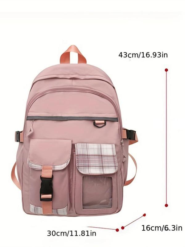 Casual Large Capacity Classic Backpack With Pocket For Men & Women, Plaid Pattern Nylon School Bag For Teenagers