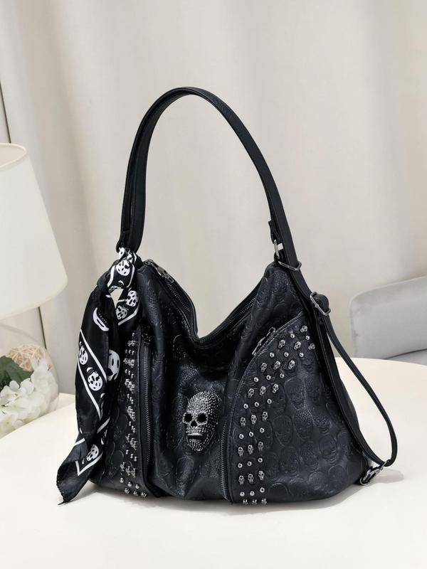 Women's Fashion Rivet Decorated Skull Head Design Shoulder Bag, Casual PU Leather Zipper Crossbody Bag, Trendy All-match Commuter Bag for Daily Used