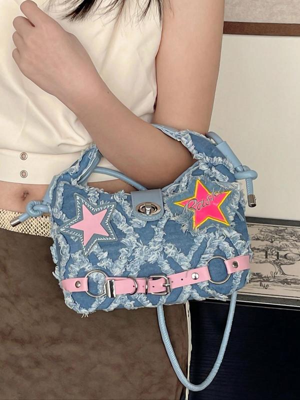 Fashionable Star & Letter Pattern Belted Design Handbag, Punk Style Denim Handbag for Women, Trendy Versatile High-quality Daily Commuting Bag, Shopping Bag