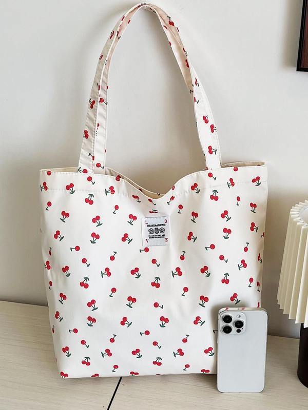 Fruit Print Tote Bag, Large Capacity Shoulder Bag for Women & Girls, Casual Trendy Folding High-quality Daily Commuting Bag, Girl Fashionable Shopping Bag