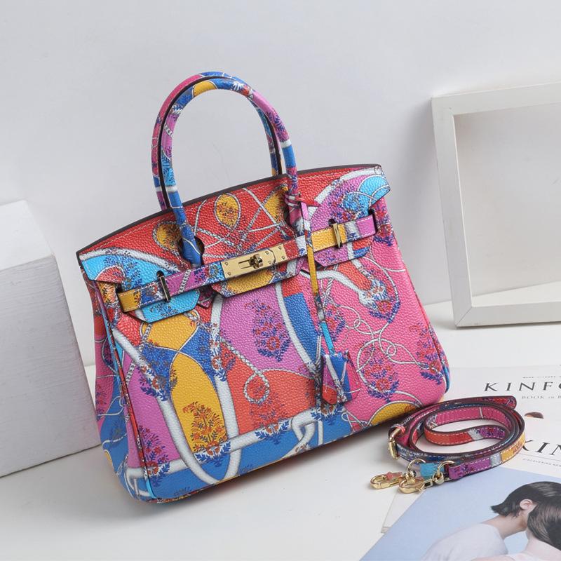 Graffiti Birkin Bag Litchi Pattern Top Layer Cowhide Print Painted Handbag Genuine Leather Big Bag Shoulder Messenger Bag for Women