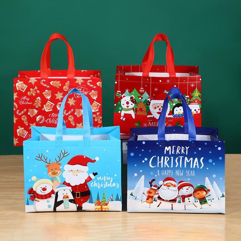 Multicolor Christmas Themed Tote Bag, 6 Counts set Reusable Gift Bag with Handle, Grocery Shopping Totes for Holiday Xmas Party