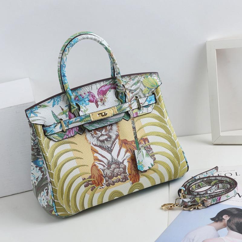 Graffiti Birkin Bag Litchi Pattern Top Layer Cowhide Print Painted Handbag Genuine Leather Big Bag Shoulder Messenger Bag for Women