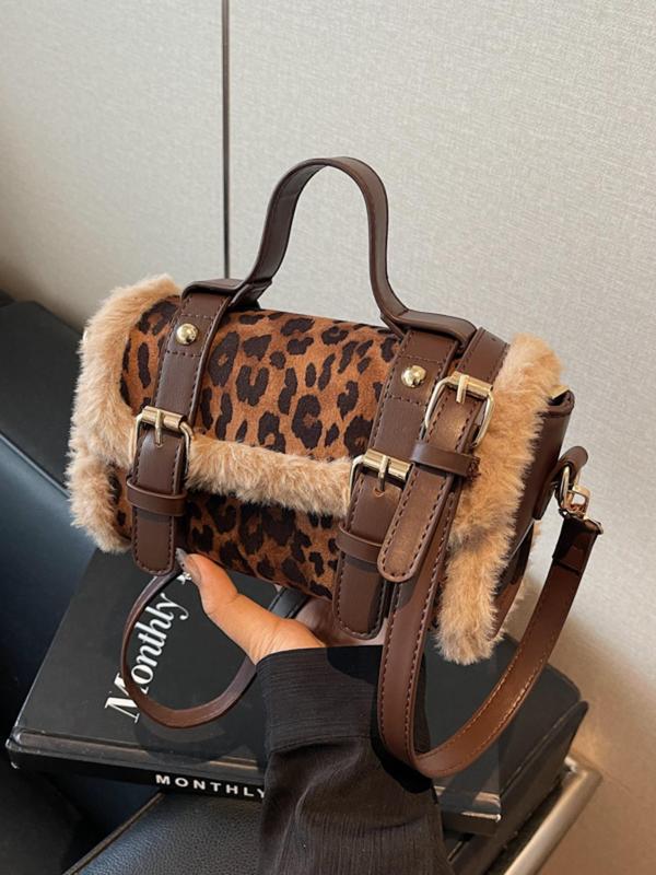 Women's Fashion Random Leopard Print Fluffy Crossbody Bag, 2024 New Style Casual Versatile Shoulder Bag for Daily Used, Trendy All-match Commuter Bag