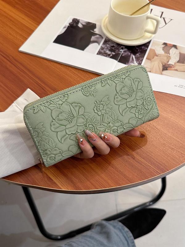 Women's Floral Embossed Long Wallet, Simple Fashion Zipper Design Long Wallet for Daily Used, Casual Trendy Versatile Coin Purse, Girl Fashionable Purse