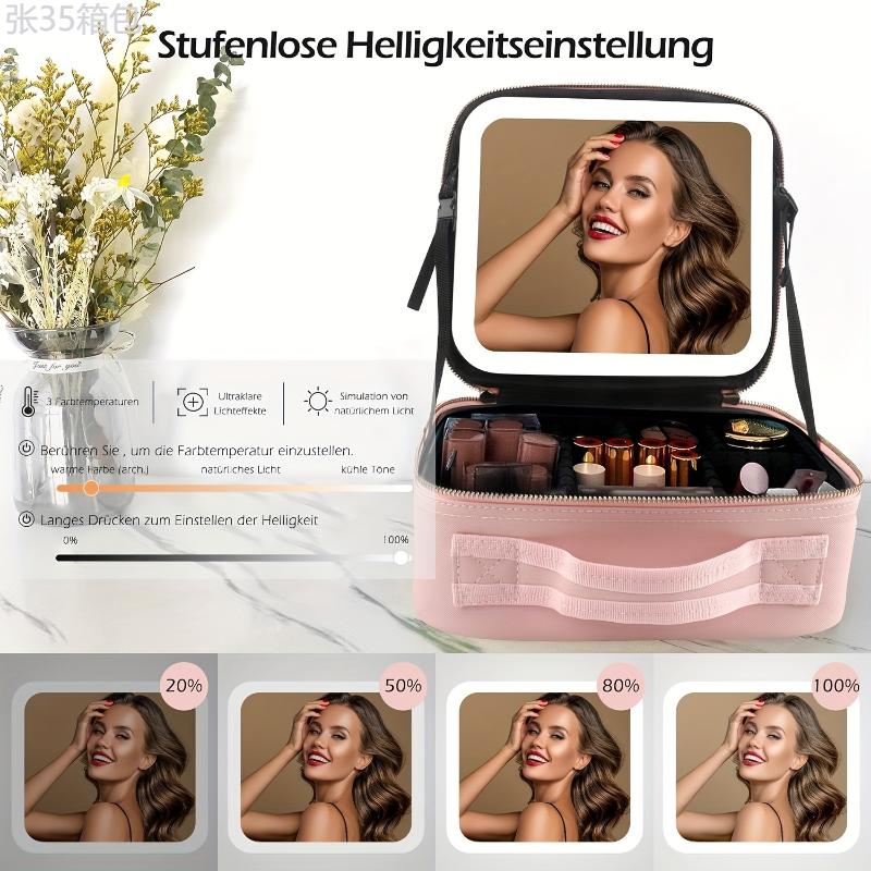 Portable Travel Makeup Train Case with Mirror and Light, Adjustable Dividers, Cosmetic Bag Organizer for Artist Storage and Makeup Brushes