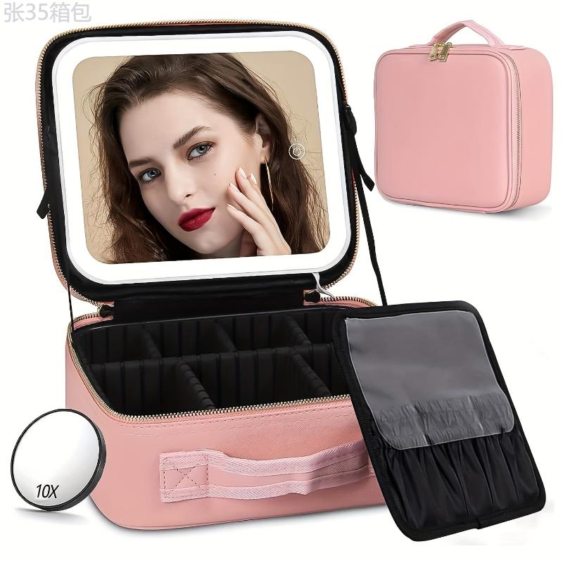 Portable Travel Makeup Train Case with Mirror and Light, Adjustable Dividers, Cosmetic Bag Organizer for Artist Storage and Makeup Brushes