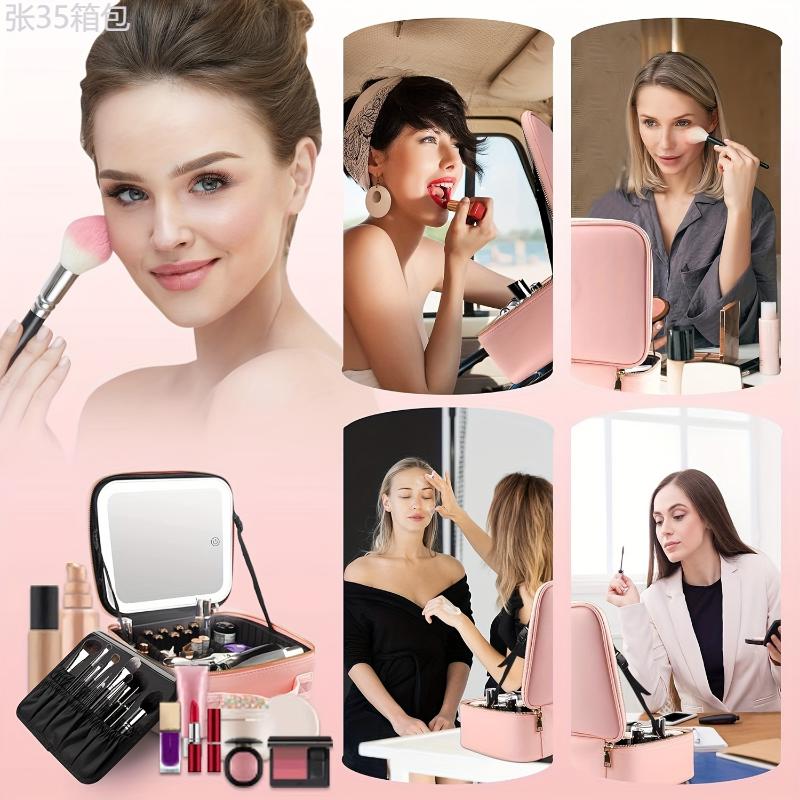 Portable Travel Makeup Train Case with Mirror and Light, Adjustable Dividers, Cosmetic Bag Organizer for Artist Storage and Makeup Brushes