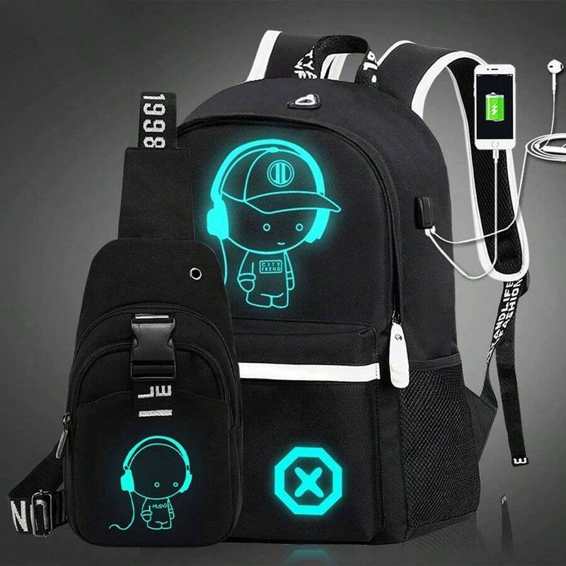 Fluorescent 2-Piece Backpack & Chest Bag Set With USB Charging Port, Large Capacity, Water-Resistant, Wear-Resistant For Campus, Travel, Street, School - Boy (Print On Webbing Is Random) Man Bag School Bag Set