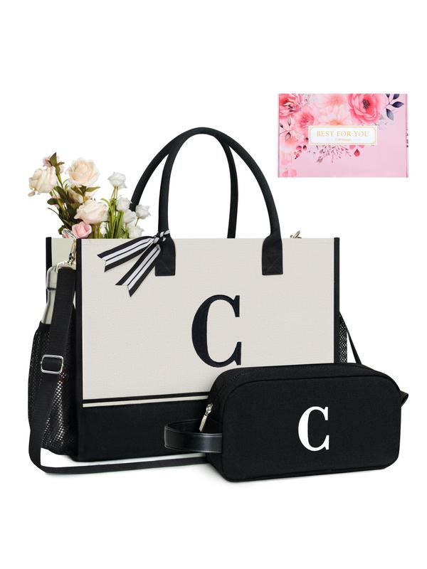 Letter Pattern Canvas Tote Bag & Makeup Bag Set, Casual Versatile Zipper Shoulder Bag Set for Women, Trendy All-match Bag Set for Daily Use