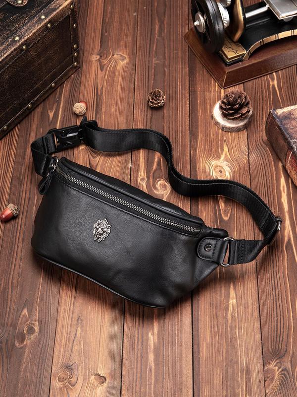 Men's Casual Solid Color Fanny Pack, Fashionable Cowhide Waist Bag for Daily Used, Casual Trendy Versatile High-quality Daily Commuting Bag