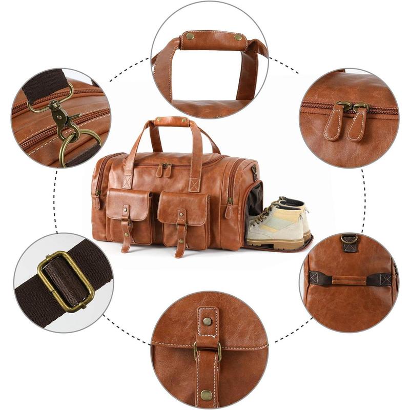 PU Leather Travel Duffel Bag with Shoe Pouch Large Carry on Bag  Weekender Overnight Bag for Men Women Brown