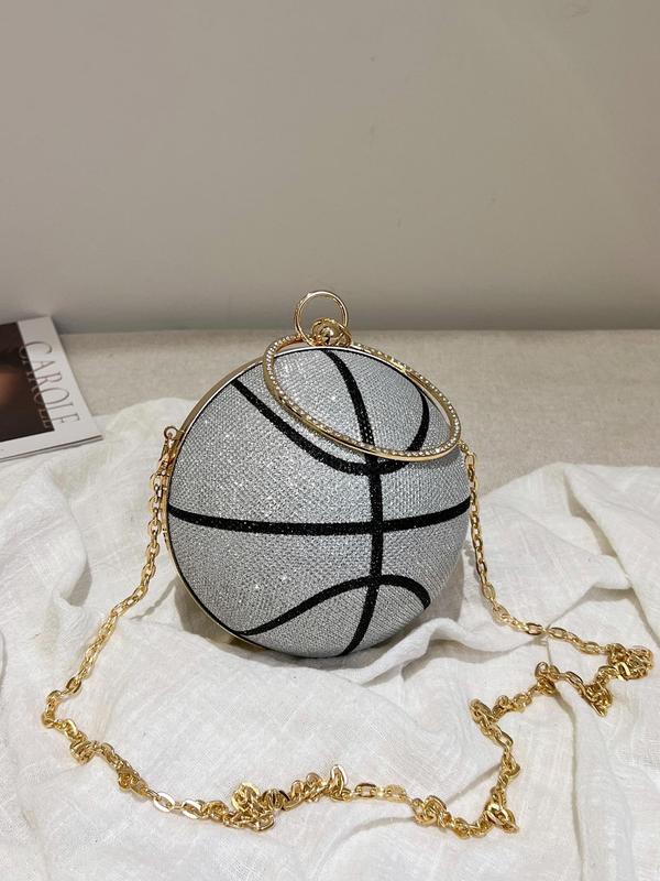 Women's  Rhinestone Decorated Basketball Shaped Evening Bag, Fashionable Round Shaped Chain Strap Design Evening Bag for Party, Banquet