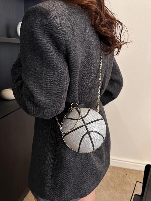 Women's  Rhinestone Decorated Basketball Shaped Evening Bag, Fashionable Round Shaped Chain Strap Design Evening Bag for Party, Banquet