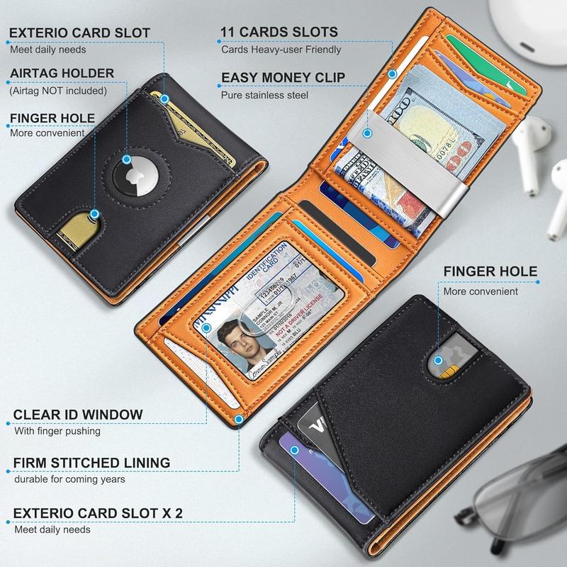 Airtag Wallet for Men,with Money Clip 11 Cards Slim Front Pocket Leather RFID Blocking Wallet with Gift Box