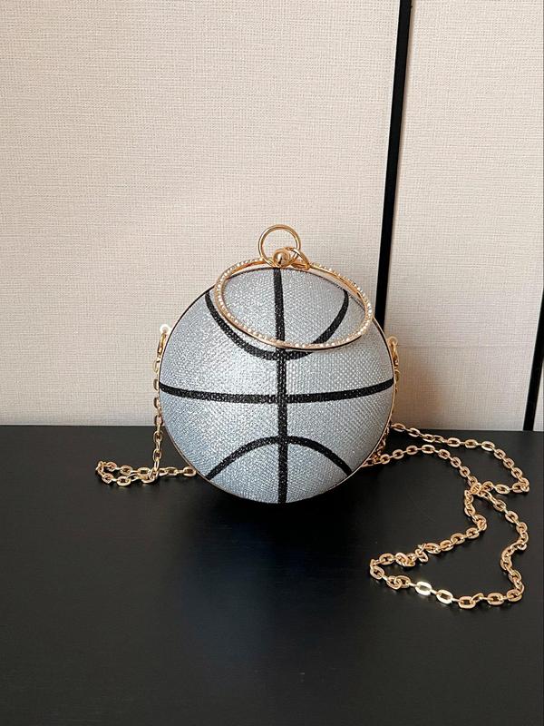 Women's  Rhinestone Decorated Basketball Shaped Evening Bag, Fashionable Round Shaped Chain Strap Design Evening Bag for Party, Banquet