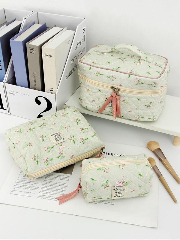 Floral  Pattern Bowknot  Decor Makeup Bag Set, Large Capacity Cosmetic Bag, Makeup Pouch, Skincare Bag, Toiletry Bag, Travel Essentials, Cruise Essentials, Dorm Essentials