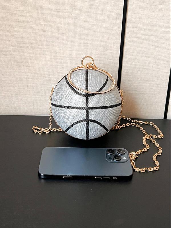 Women's  Rhinestone Decorated Basketball Shaped Evening Bag, Fashionable Round Shaped Chain Strap Design Evening Bag for Party, Banquet