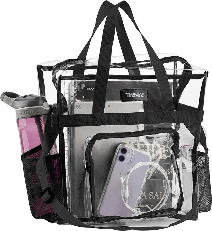 Masirs Clear Tote Bag Stadium Approved - Mesh Pockets Shoulder Straps Zippered Top Perfect for Work School Games Concerts