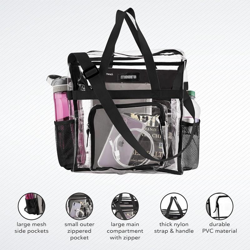 Masirs Clear Tote Bag Stadium Approved - Mesh Pockets Shoulder Straps Zippered Top Perfect for Work School Games Concerts