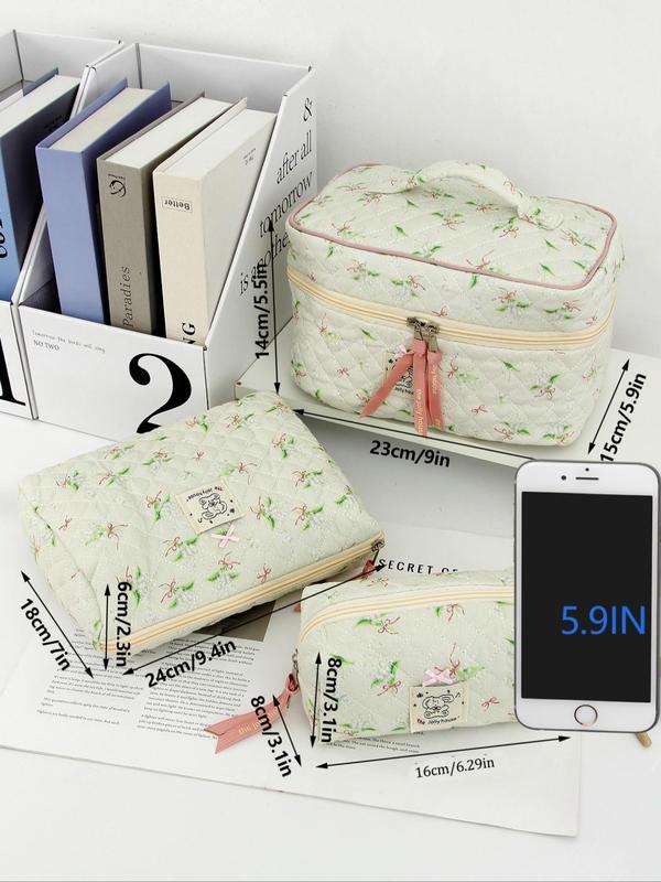 Floral  Pattern Bowknot  Decor Makeup Bag Set, Large Capacity Cosmetic Bag, Makeup Pouch, Skincare Bag, Toiletry Bag, Travel Essentials, Cruise Essentials, Dorm Essentials