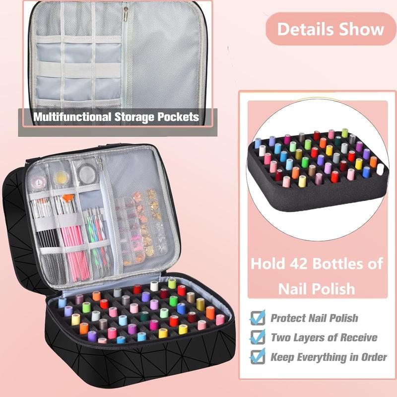 Nail Polish Organizer Case Holds 42+ Bottles(15ml 0.5 fl.oz) & Nail Lamp, Double-Layer Nail Polish Storage Organizer Case with Handle, Nail Kit Organizer and Storage Box for Nail Tech (BLACK)