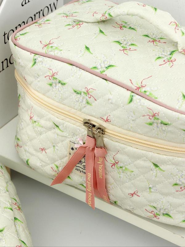 Floral  Pattern Bowknot  Decor Makeup Bag Set, Large Capacity Cosmetic Bag, Makeup Pouch, Skincare Bag, Toiletry Bag, Travel Essentials, Cruise Essentials, Dorm Essentials