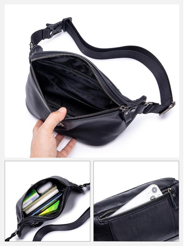 Men's Casual Solid Color Fanny Pack, Fashionable Cowhide Waist Bag for Daily Used, Casual Trendy Versatile High-quality Daily Commuting Bag