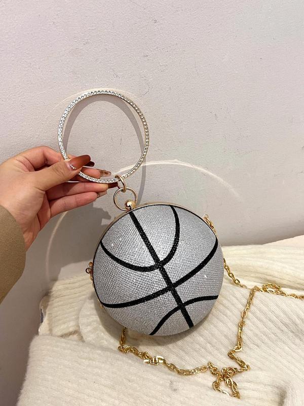 Women's  Rhinestone Decorated Basketball Shaped Evening Bag, Fashionable Round Shaped Chain Strap Design Evening Bag for Party, Banquet