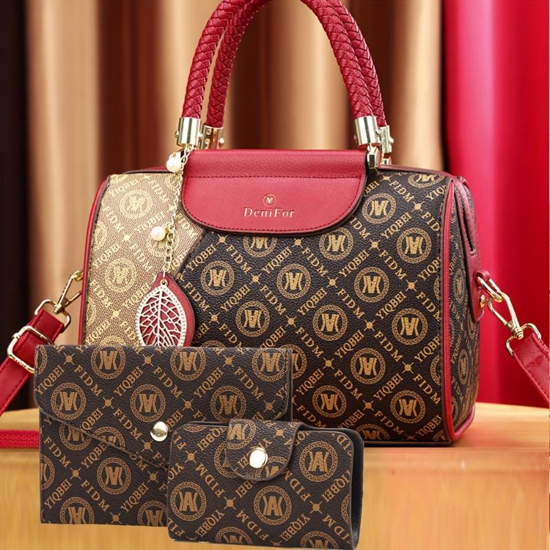 Elegant Fashion Women's Bag Set, 3-Piece European Style Tote and Wallet Combo, Geometric Pattern Faux Leather Handbag with Zip Closure, Polyester Lined Purse Set with Golden Accents