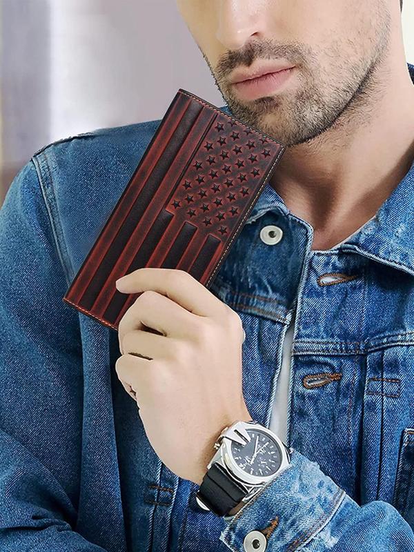 Men's American Flag Embossed Long Wallet, Vintage Cowhide Bifold Wallet, Multi-card Slot Wallet for Men