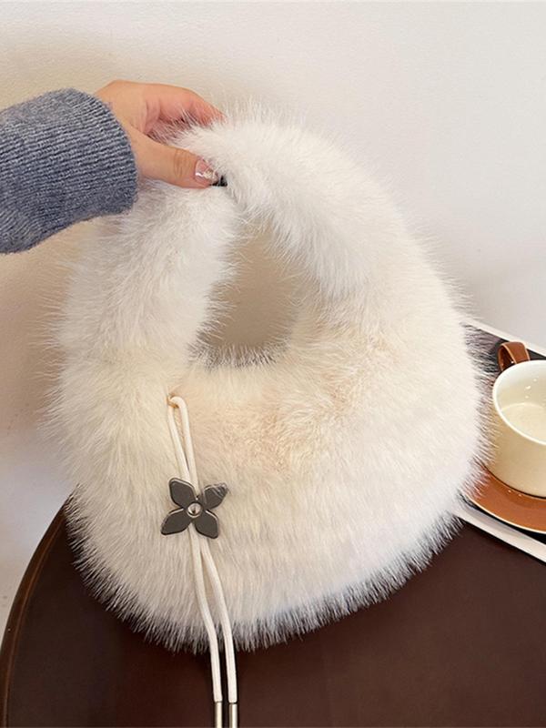 Women's Solid Color Plush Handbag, with Flower Bag Charm, Fashionable Fluffy Hobo Bag for Daily Used, Casual Trendy Versatile High-quality Daily Commuting Bag