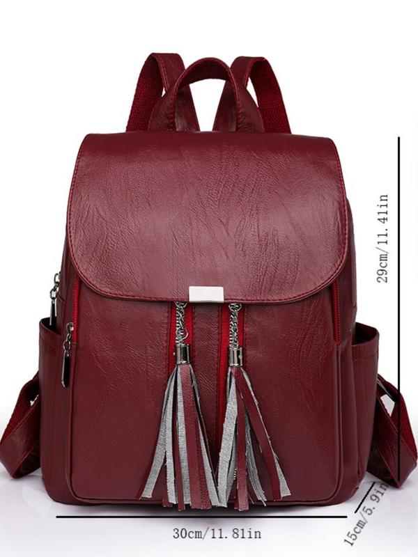 Fashionable Solid Color Tassel Decorated Clamshell Backpack, Casual Large Capacity Pu Leather Zipper Backpack for Women & Girls for Travel, All-match Commuter Bag for Work & Daily Used