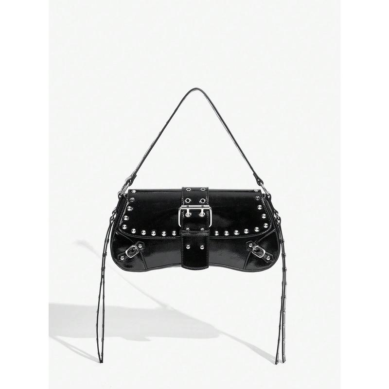 Fashionable Black Stud Shoulder Bag For Women, Versatile, Shopping Bag, Cool, Street Bag, Teenagers