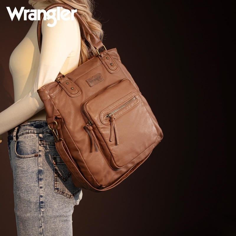 Wrangler Tote Bag for Women Soft Leather Multi Pocket Shoulder Bags Vintage Women's Purses and Satchel Handbags Gift Black WG165-1110BK