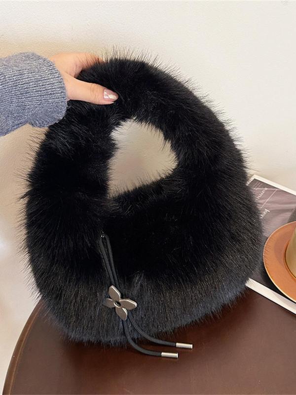 Women's Solid Color Plush Handbag, with Flower Bag Charm, Fashionable Fluffy Hobo Bag for Daily Used, Casual Trendy Versatile High-quality Daily Commuting Bag