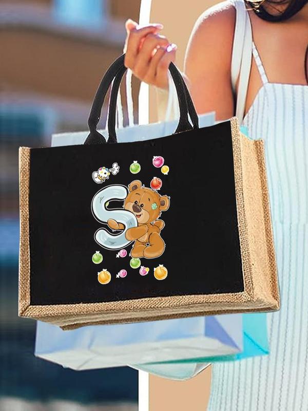 Initials & Bear Pattern Waterproof Interior Design Tote Bag, Large Capacity Natural Jute Material Tote Bag, Versatile Travel Handbag for Commuter Work