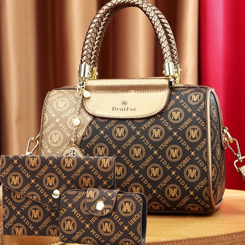 Elegant Fashion Women's Bag Set, 3-Piece European Style Tote and Wallet Combo, Geometric Pattern Faux Leather Handbag with Zip Closure, Polyester Lined Purse Set with Golden Accents