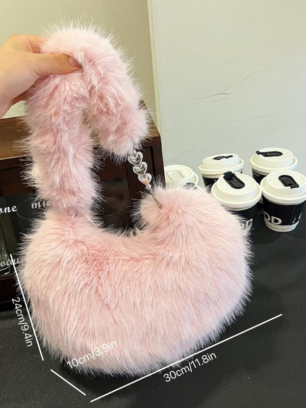 Women's Solid Fluffy Plush Heart Design Crossbody Bag, Fashionable Large Capacity Shoulder Bag for Daily Used, Casual Trendy Versatile High-quality Daily Commuting Bag