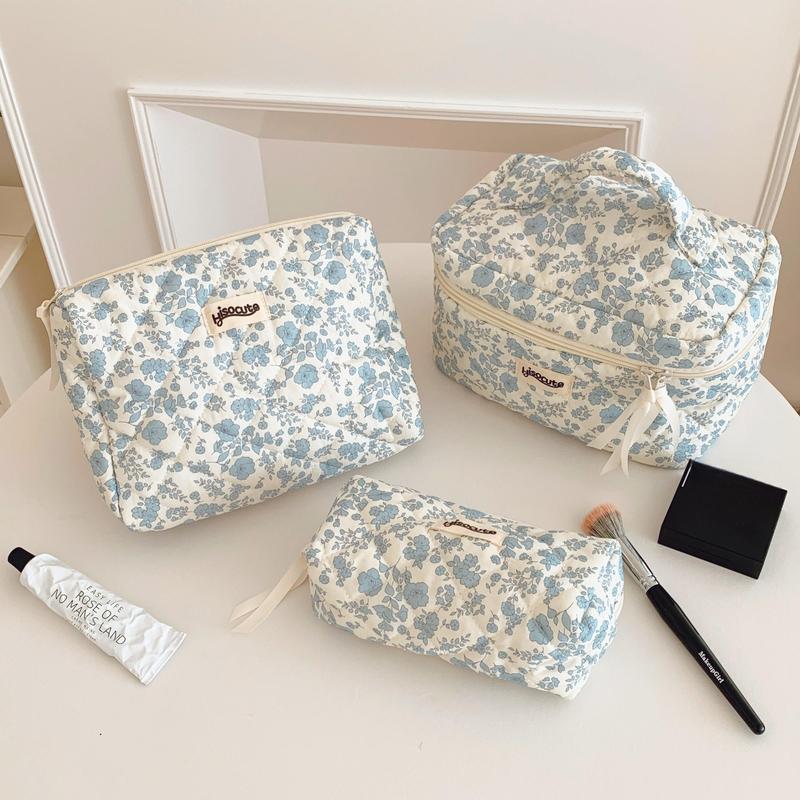 Floral Pattern Cosmetic Bag, 1 Count Dustproof Makeup Brush Storage Bag with Handle, Portable Zipper Makeup Organizer Pouch for Bedroom Bathroom Home Outdoor Travel