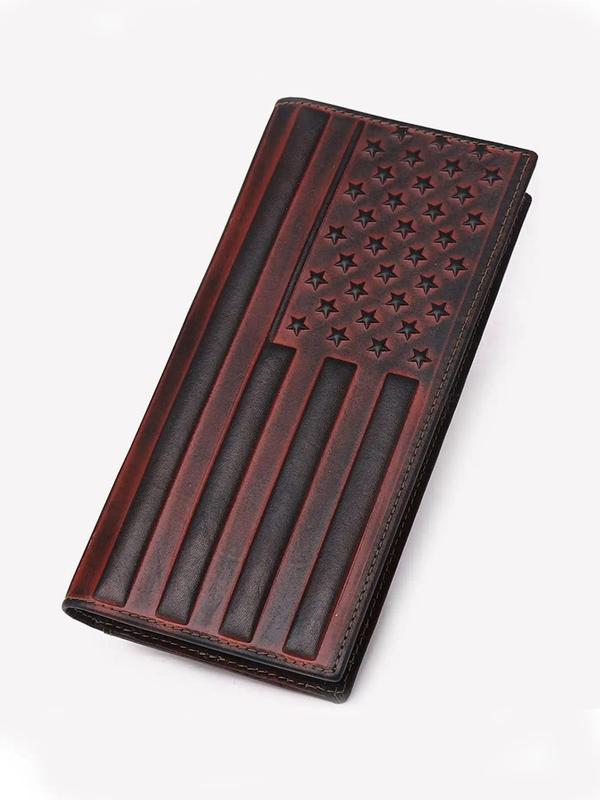 Men's American Flag Embossed Long Wallet, Vintage Cowhide Bifold Wallet, Multi-card Slot Wallet for Men