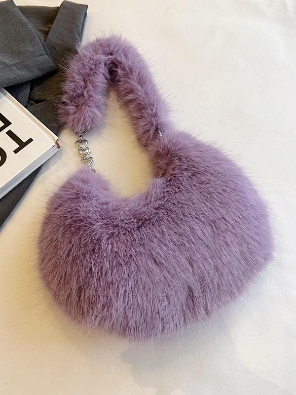 Women's Solid Fluffy Plush Heart Design Crossbody Bag, Fashionable Large Capacity Shoulder Bag for Daily Used, Casual Trendy Versatile High-quality Daily Commuting Bag