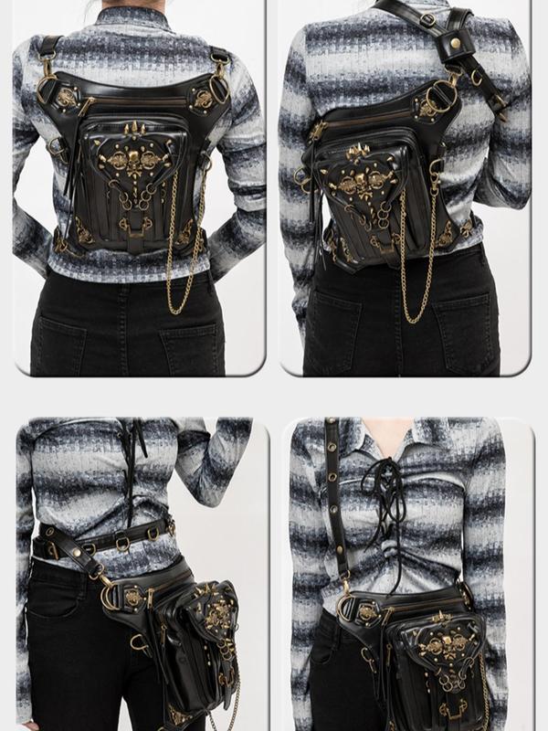 Gothic Multifunctional Fanny Pack, with Adjustable Belt, Women's Punk Studded & Chain Decor Belt Bag, Vintage Trendy Waist Bag, Fashionable Chest Bag for Daily Use