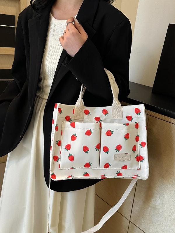 Strawberry Pattern Tote Bag, Fashionable Letters Patched Design Shoulder Bag for Women, Casual Versatile Adjustable Commuter Bag for Work & School